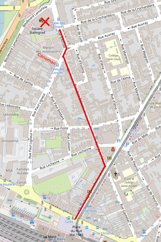 Plan du trajet entre la gare et le Palais des Congrès.